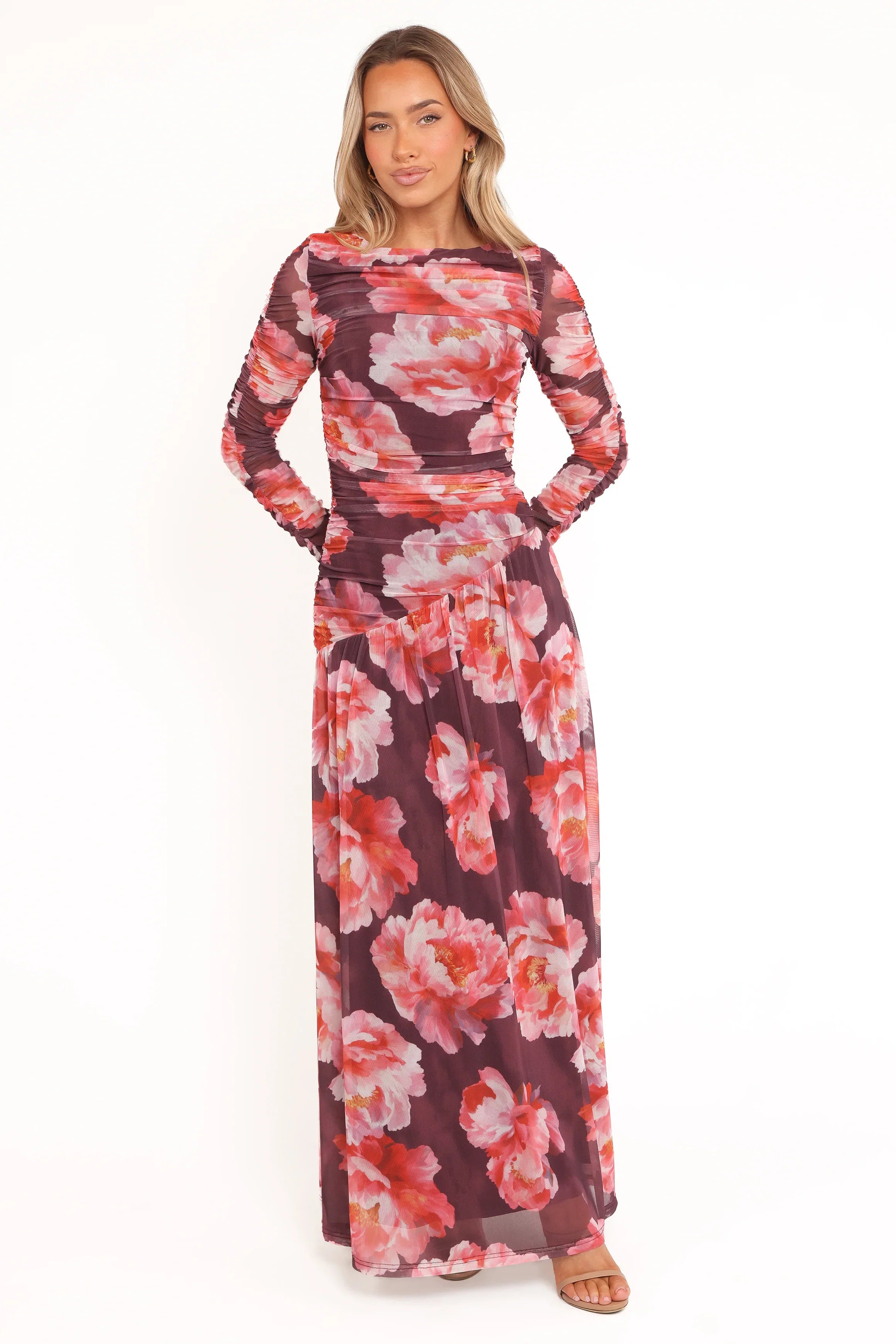 Calypso Long Sleeve Maxi Dress Burgundy Peony