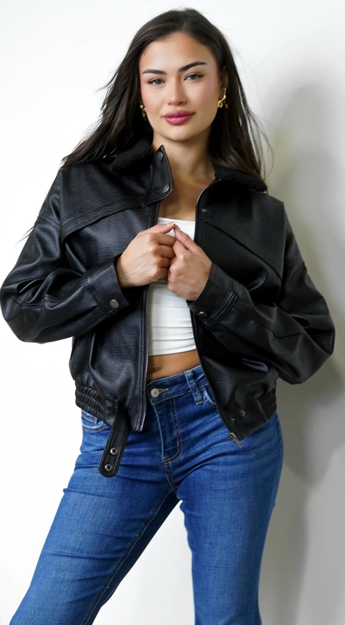 Rhéa Shearling Collar PU Leather Jacket Black