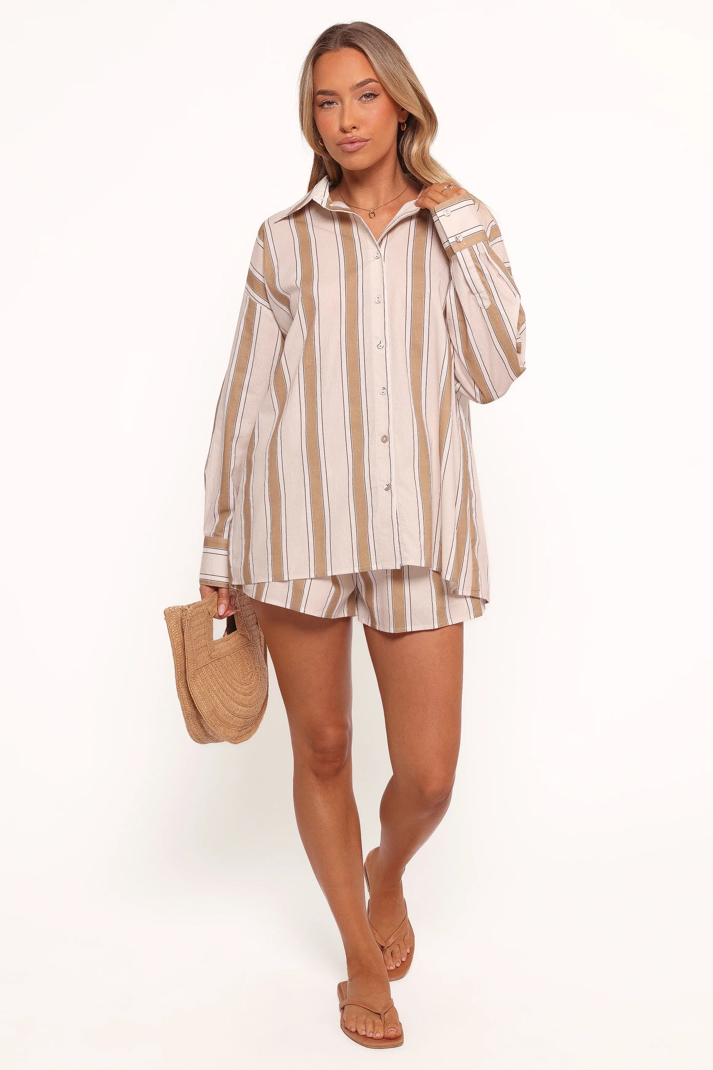 Dean Long Sleeve Short Set Beige Stripe