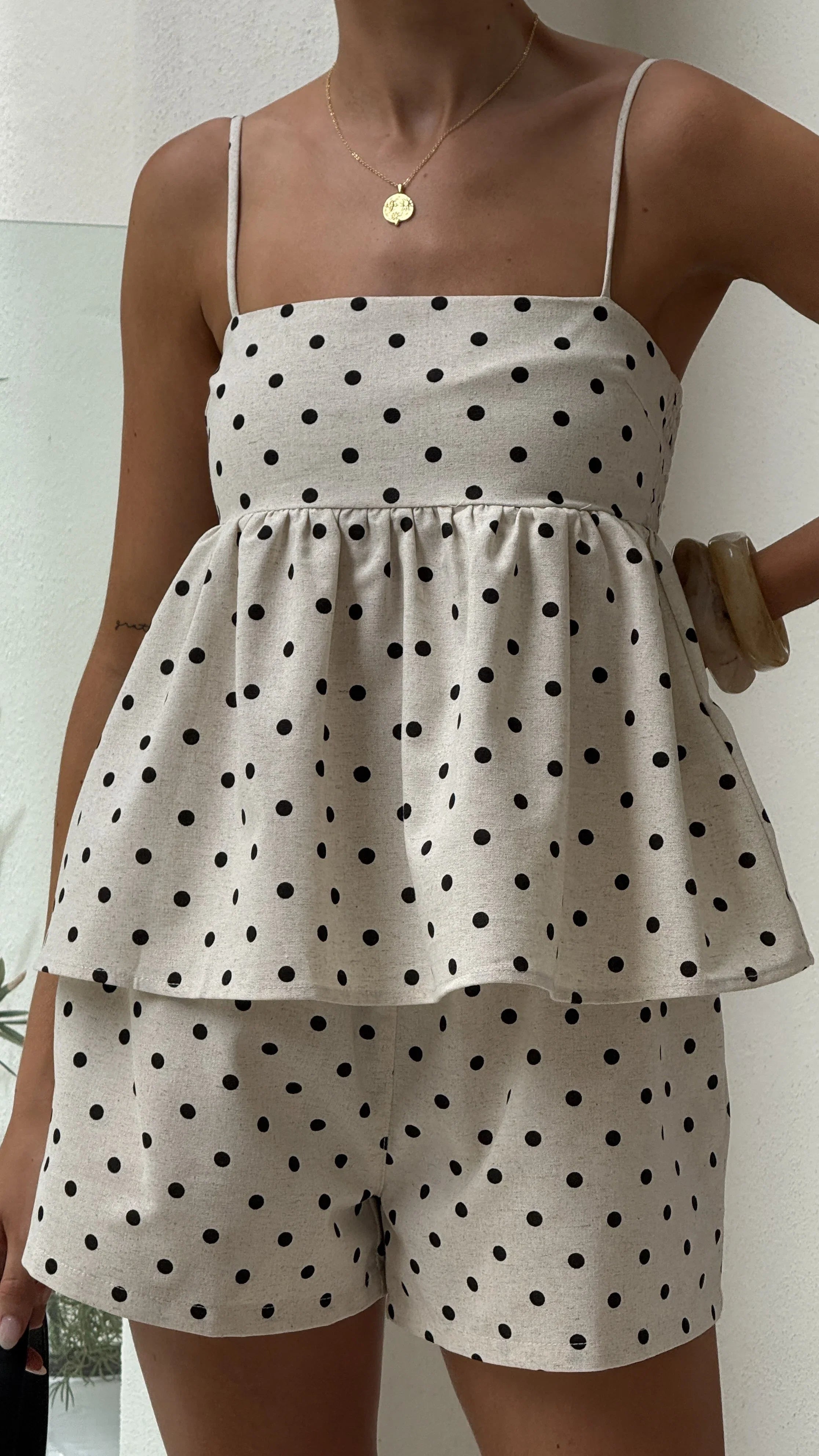 Fiana Top Beige Black Polka Dot