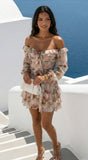 Sorrento Garden Floral Off Shoulder Ruffle Mini Dress Beige Multi