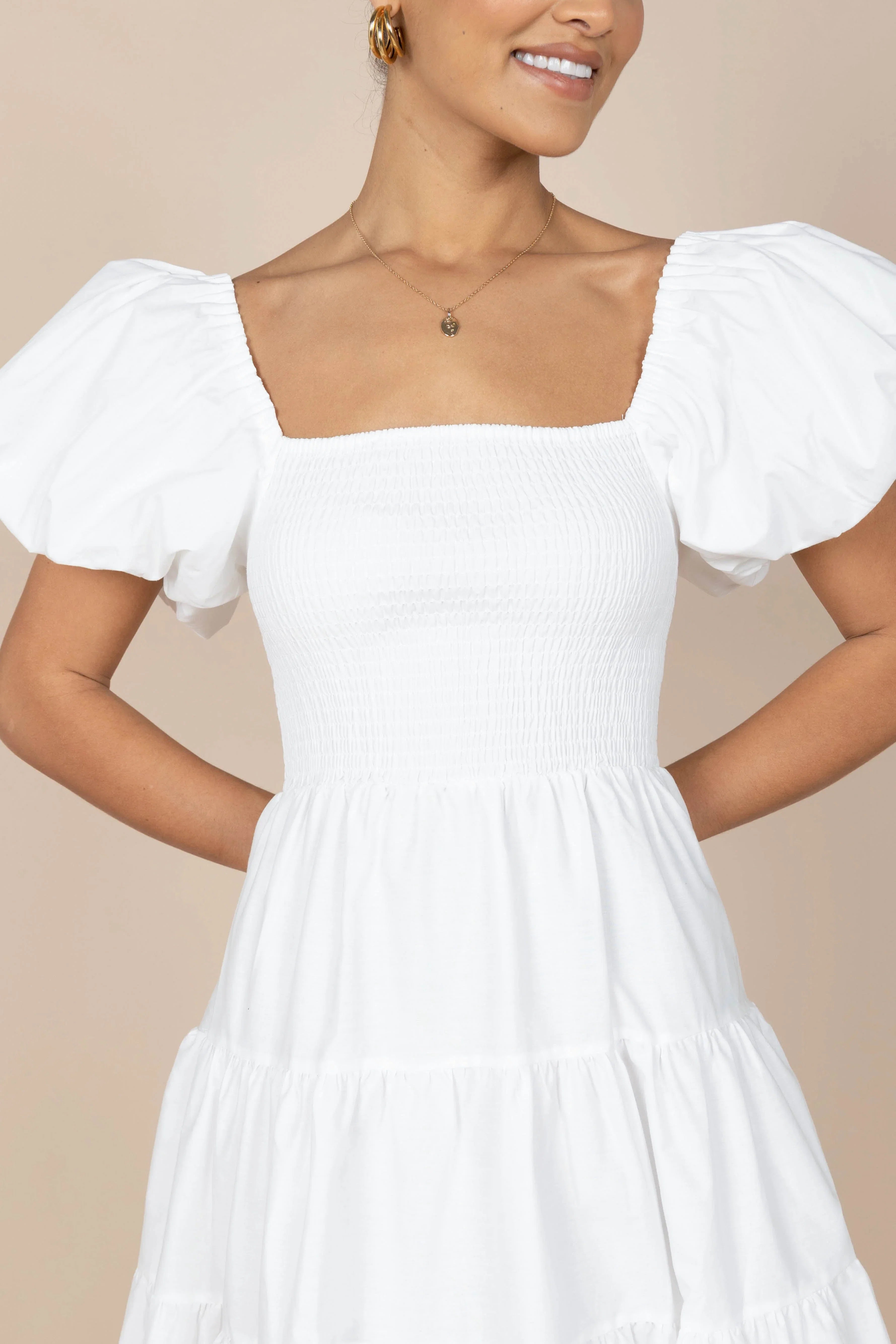Annette Puff Sleeve Shirred Midi Dress White