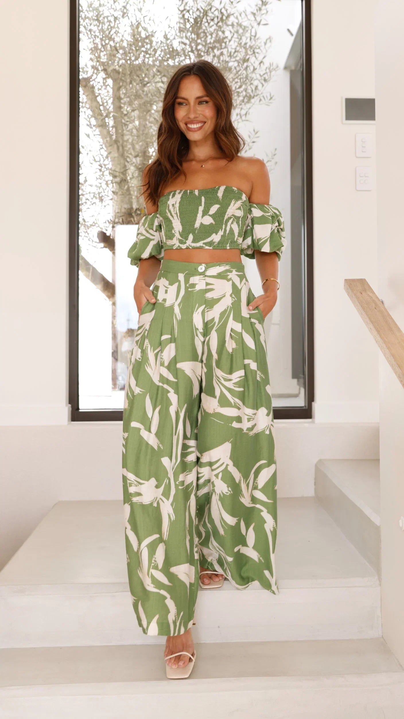 Callison Crop Top and Pants Set Green Print