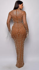 Emiliana Rhinestone Pearl Maxi Dress Brown