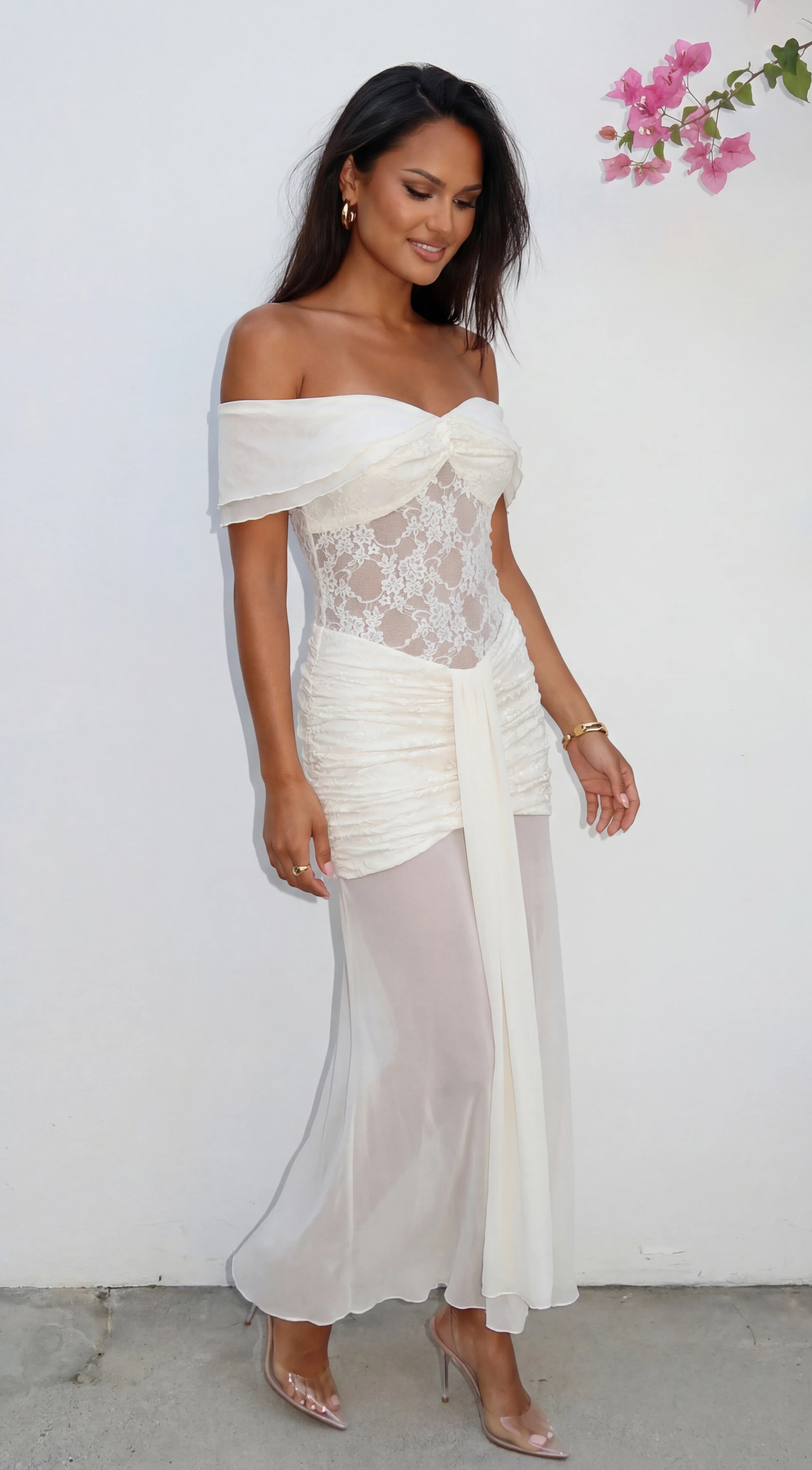 Elarisse Lace Mesh Maxi Dress Cream White