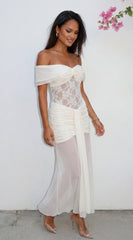Elarisse Lace Mesh Maxi Dress Cream White