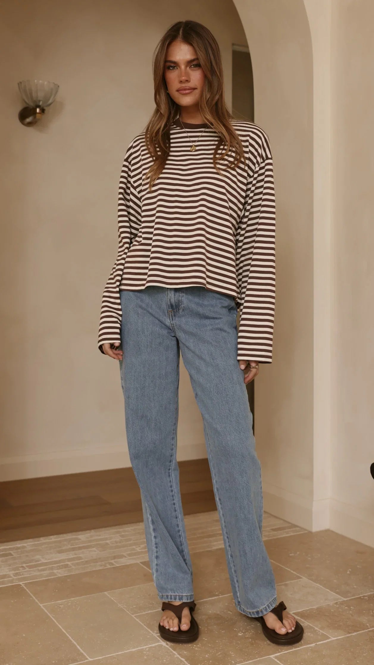 Solana Long Sleeve Top Choc White Stripe