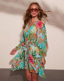 Arellie Tropical Floral Waist Tie Cover Up Top