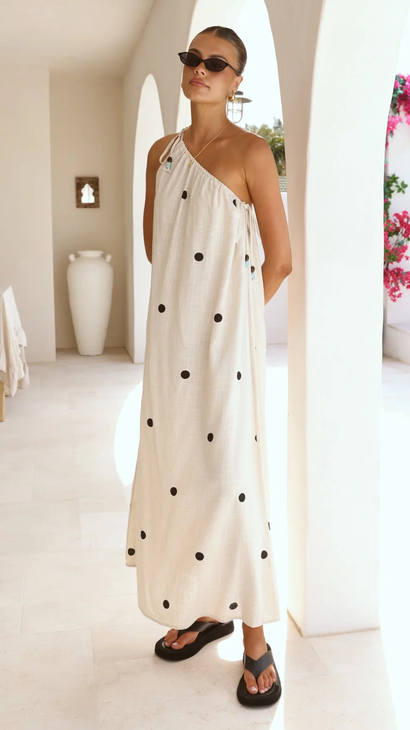 Nasira One Shoulder Maxi Dress Oat Black Polka Dot