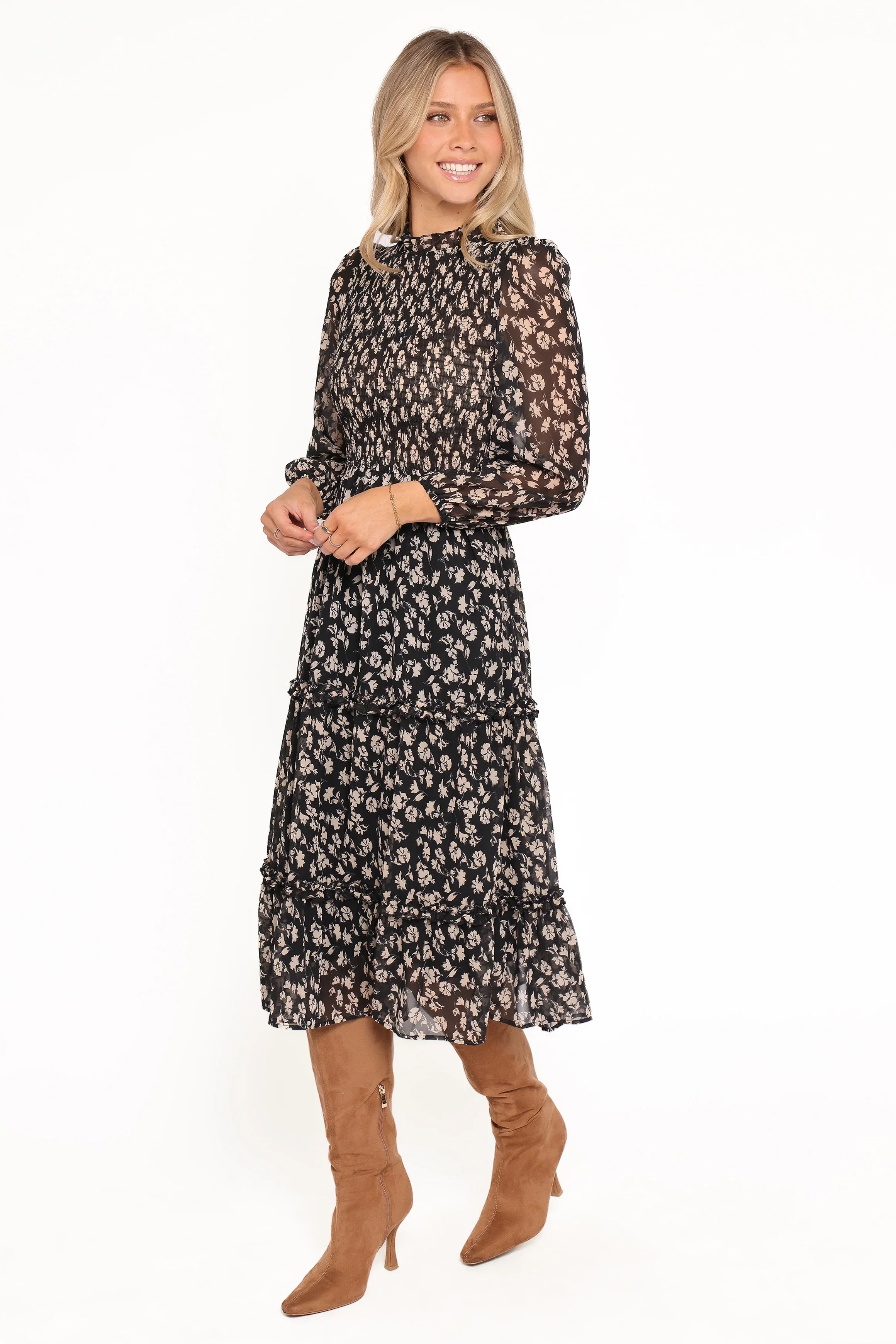 Edwina Shirred Frill Long Sleeve Midi Dress Black Ditsy Floral