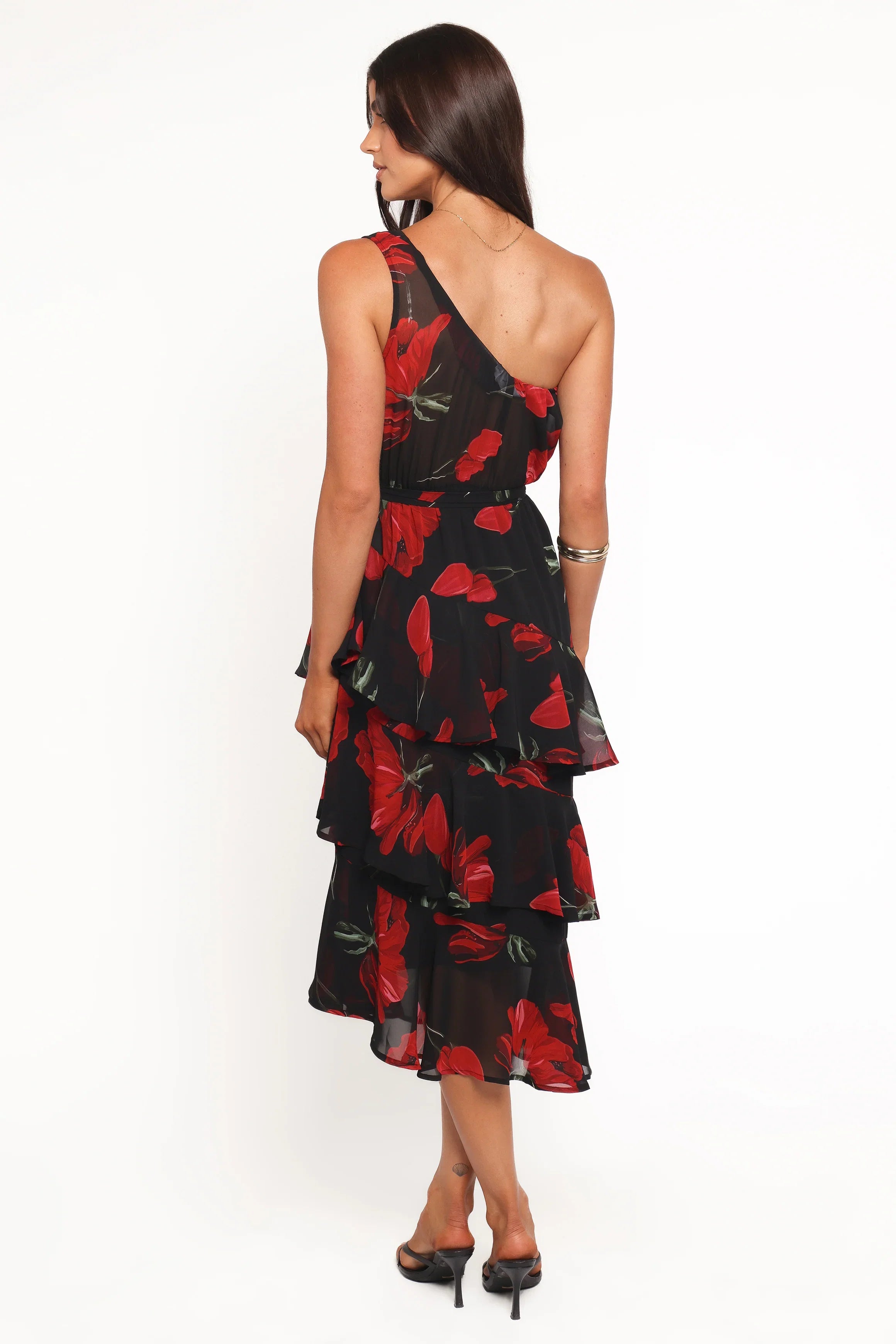 Brigette One Shoulder Tiered Midi Dress Red Floral