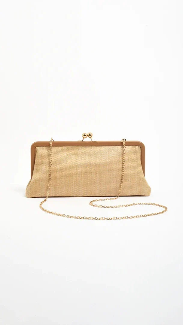 Clip Top Woven Soft Rectangle Clutch Camel