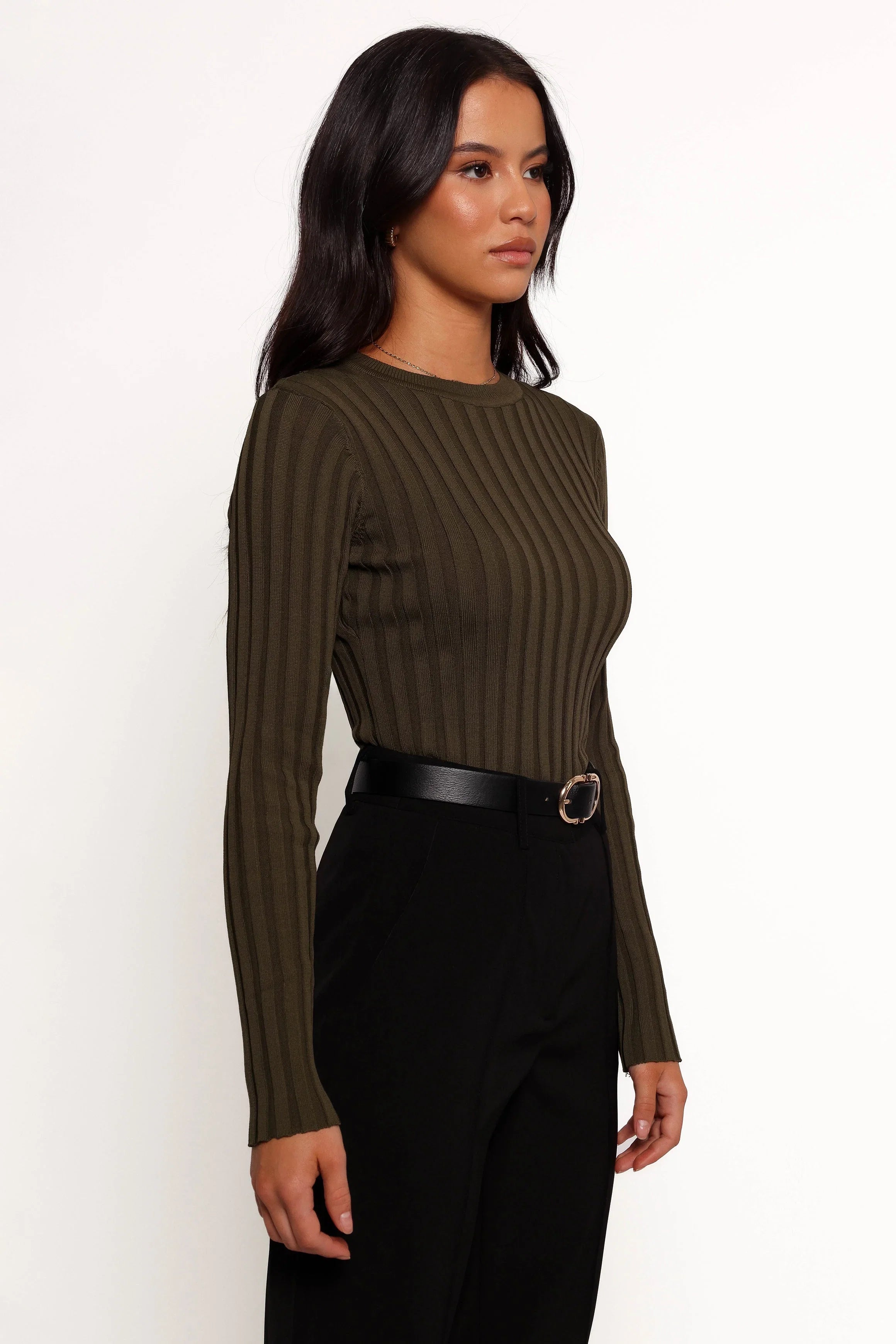 Aneesa Wide Rib Knit Top Dark Olive