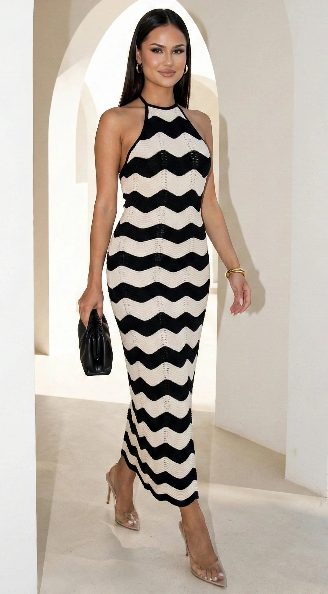 Solara Knit Halter Maxi Dress Cream Beige