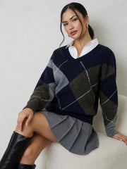 Noxley Argyle V Neck Long Sleeve Sweater Navy