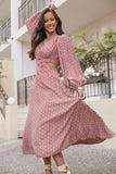 Ginnee Puff Sleeve Cutout Midi Dress Brown Geo