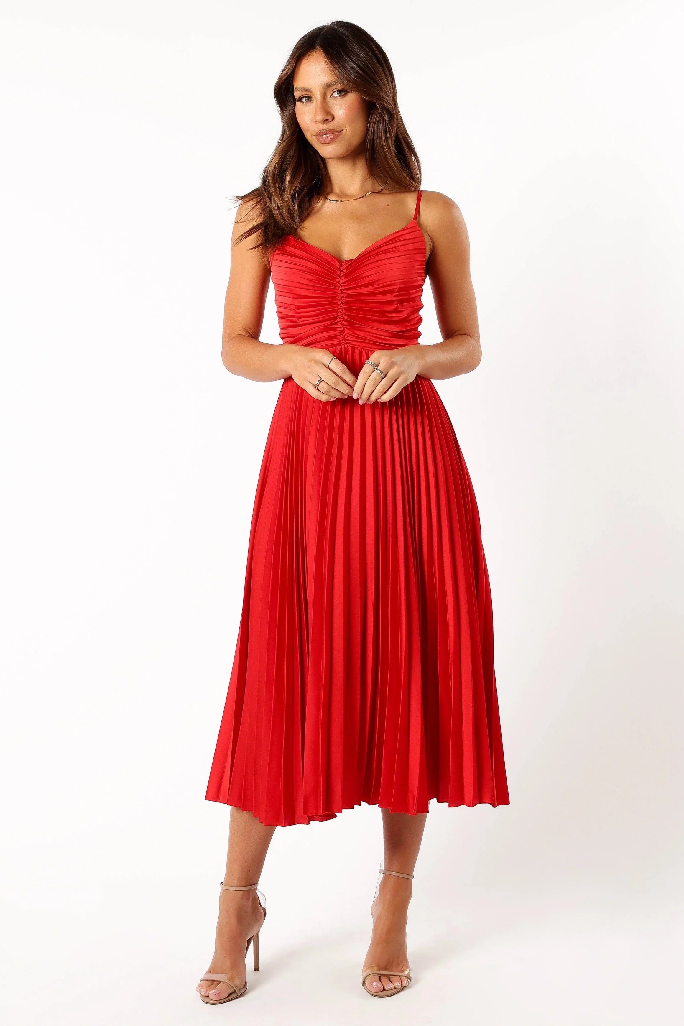 Naira Pleated Midi Dress Red