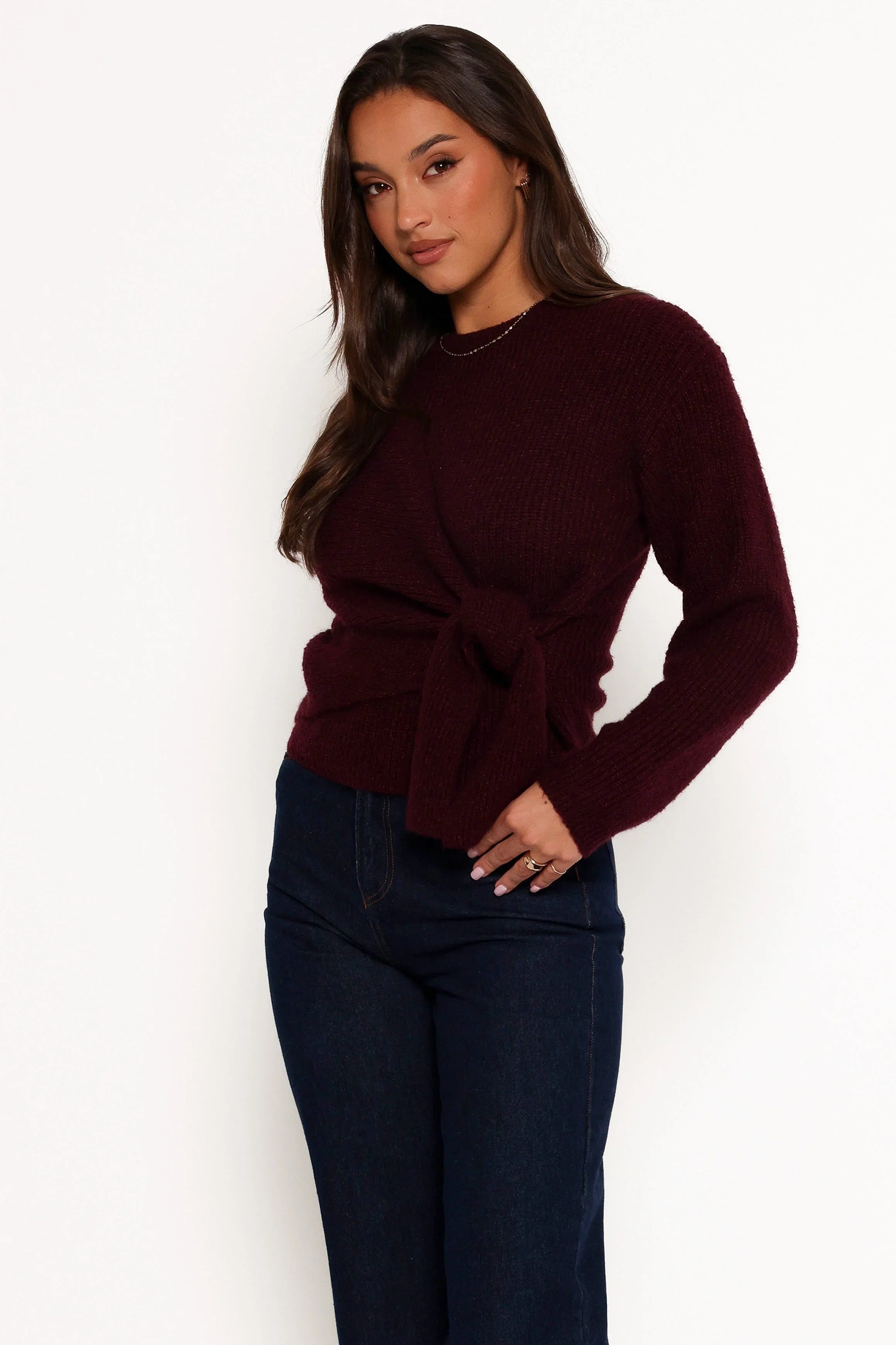 Ettie Wrap Side Tie Knit Sweater Burgundy