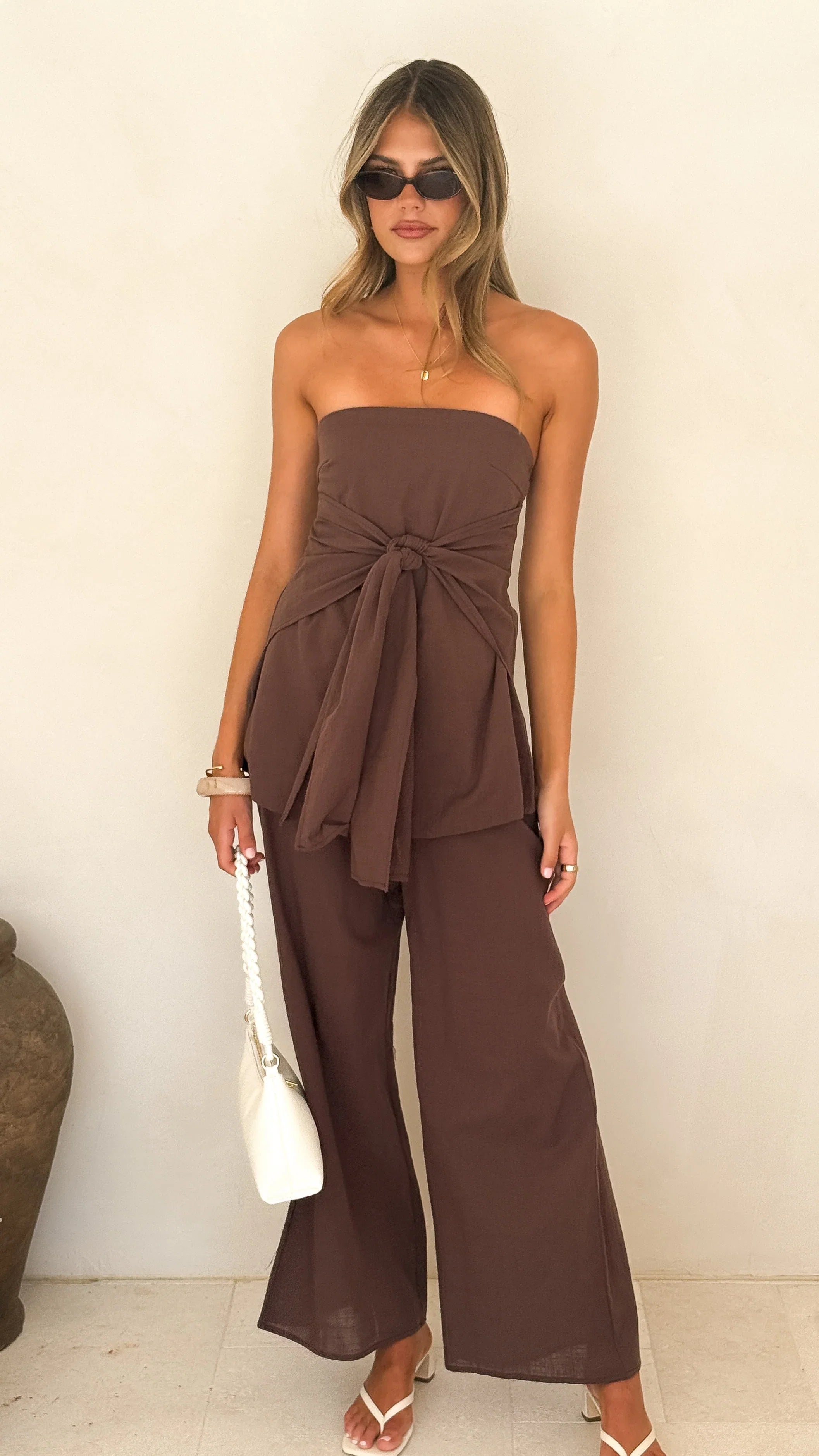 Talia Strapless Top and Pants Set Brown