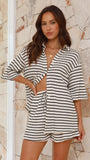 Lacole Button Up Shirt and Shorts Set Beige Black Stripe