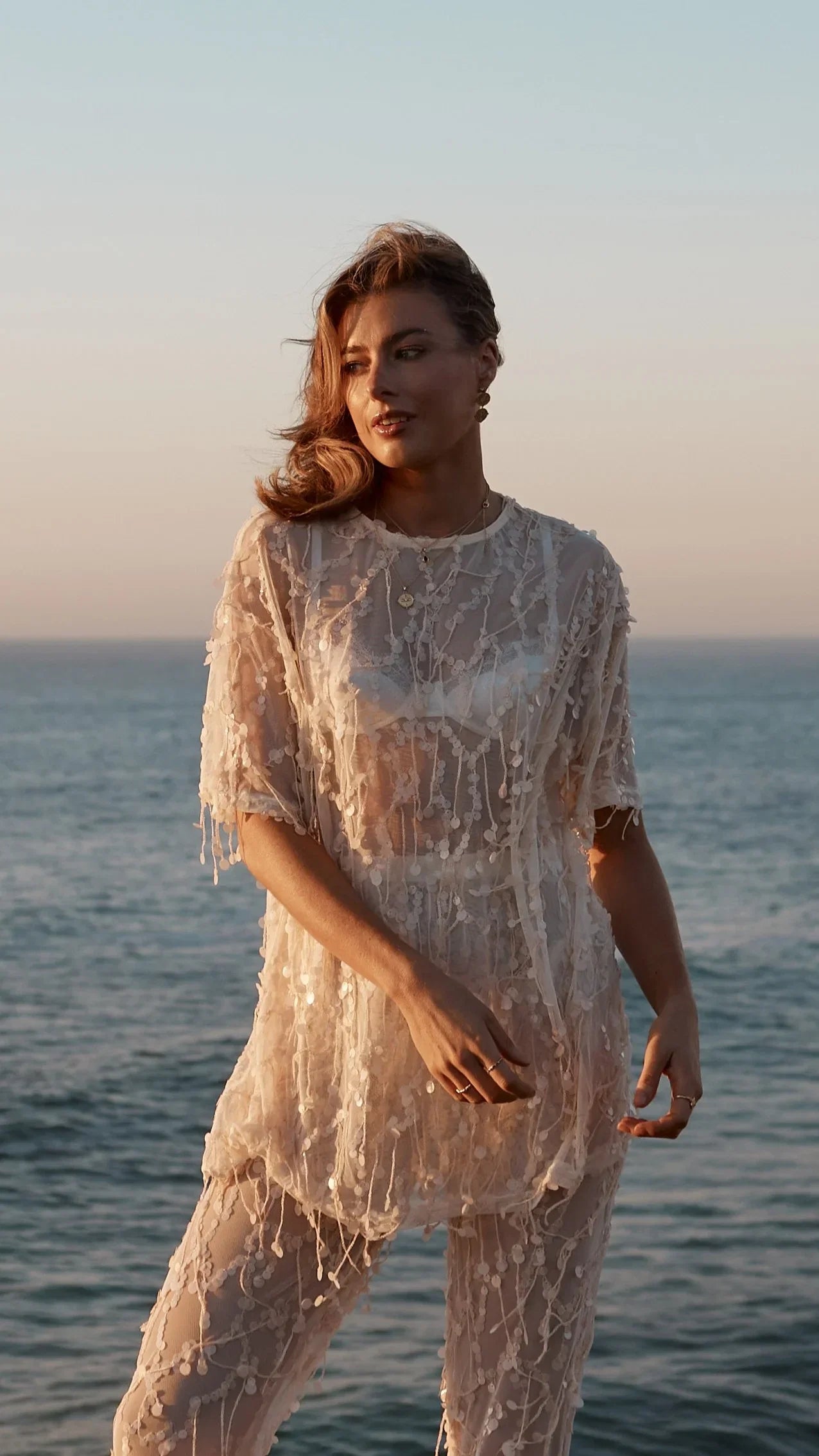 Zabby Sequin Oversized T Shirt Beige