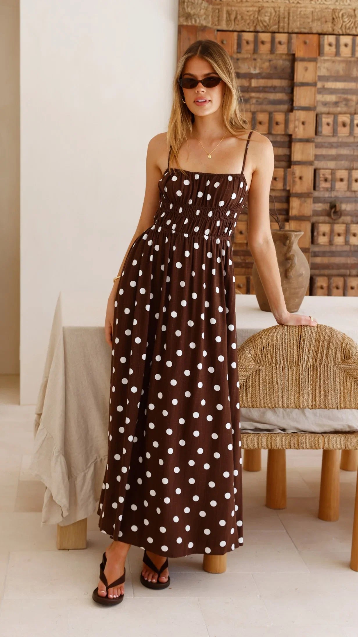 Solare Maxi Dress Brown White Polka