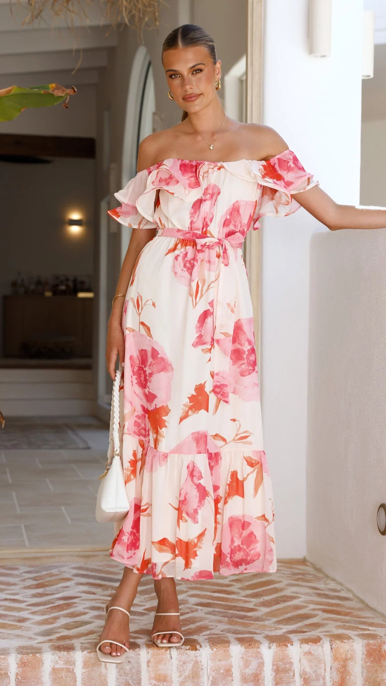 Chase Off Shoulder Maxi Dress Pink Floral