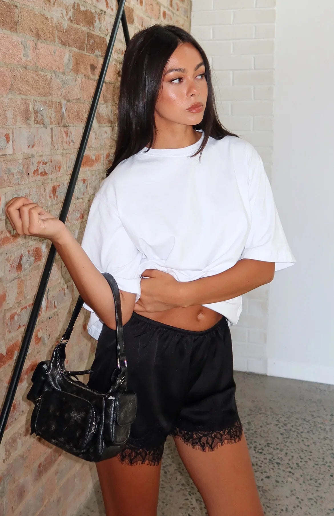 Easy Breeze Satin Lace Shorts Black