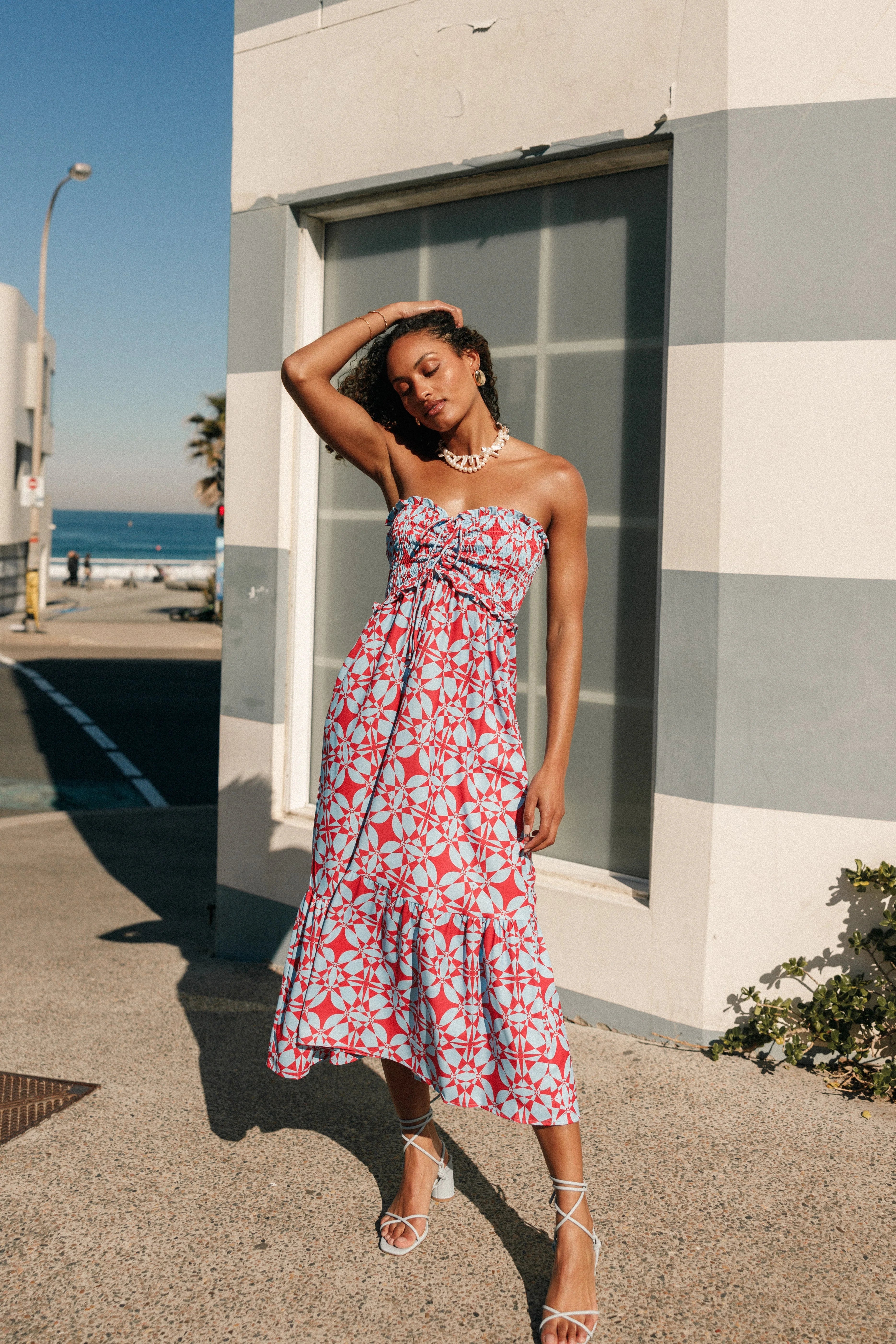 Dayton Strapless Midi Dress Red Blue