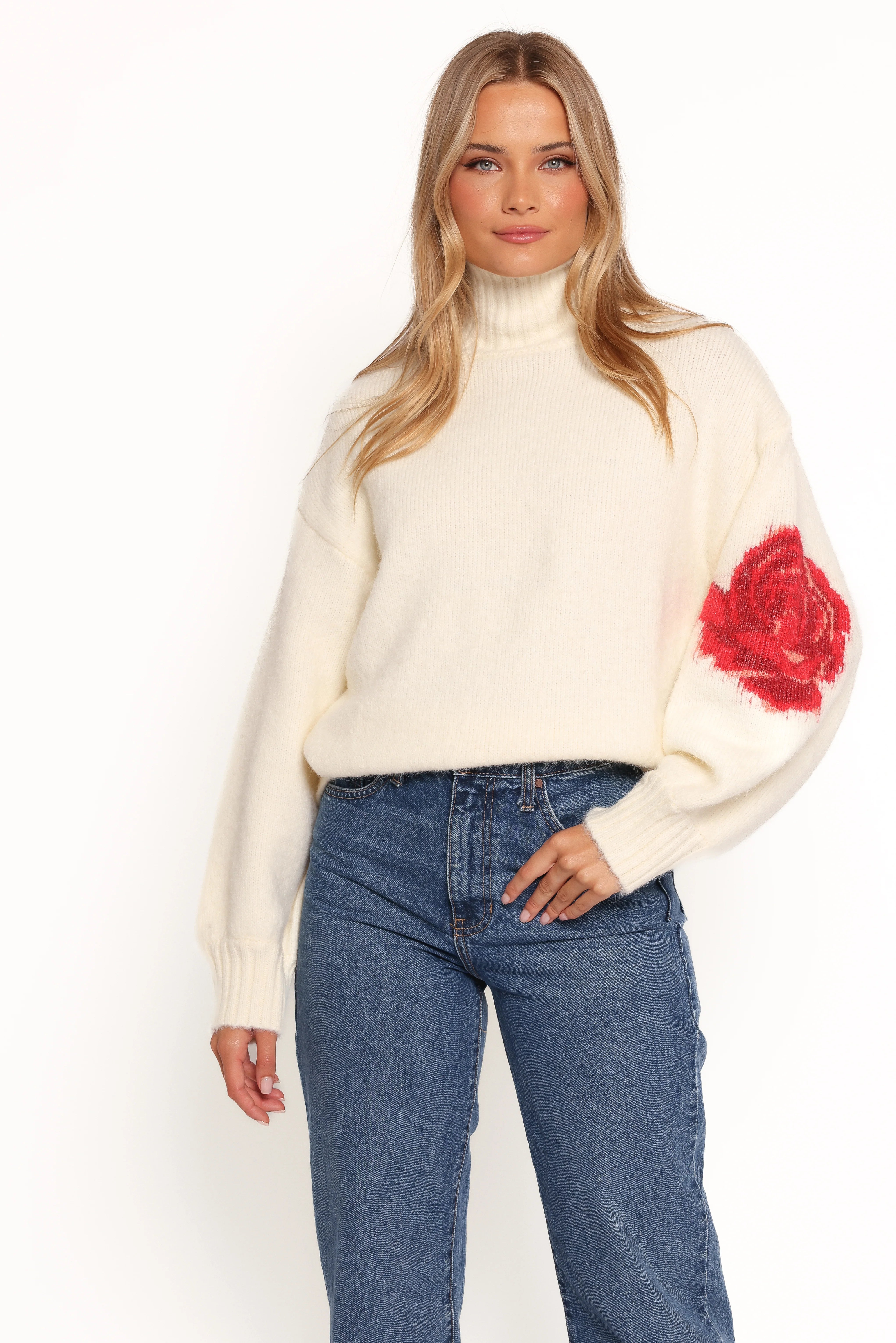 Kelso Flower Embroidery Knit Sweater Cream