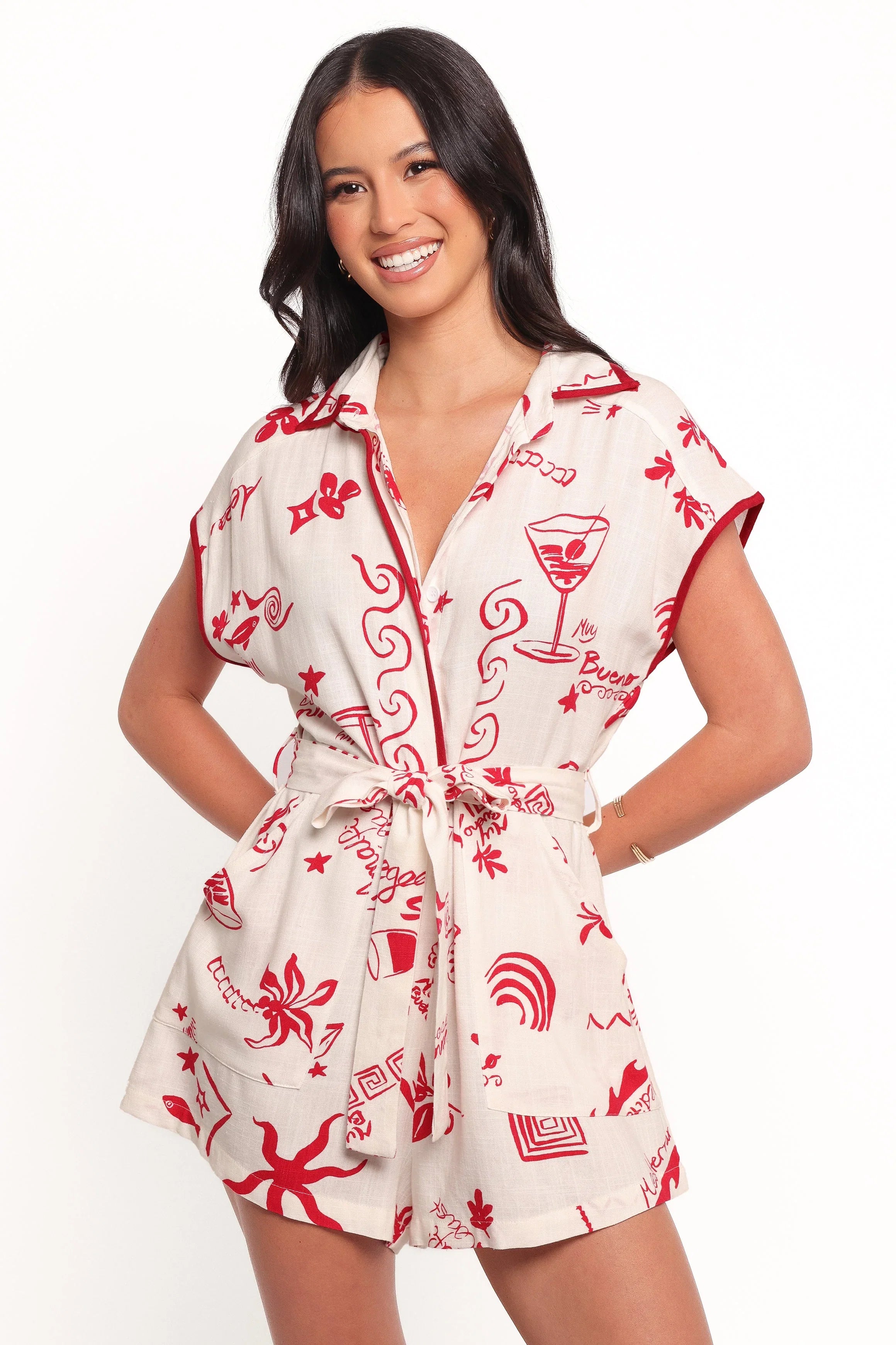 Kensie Tie Waist Romper Red