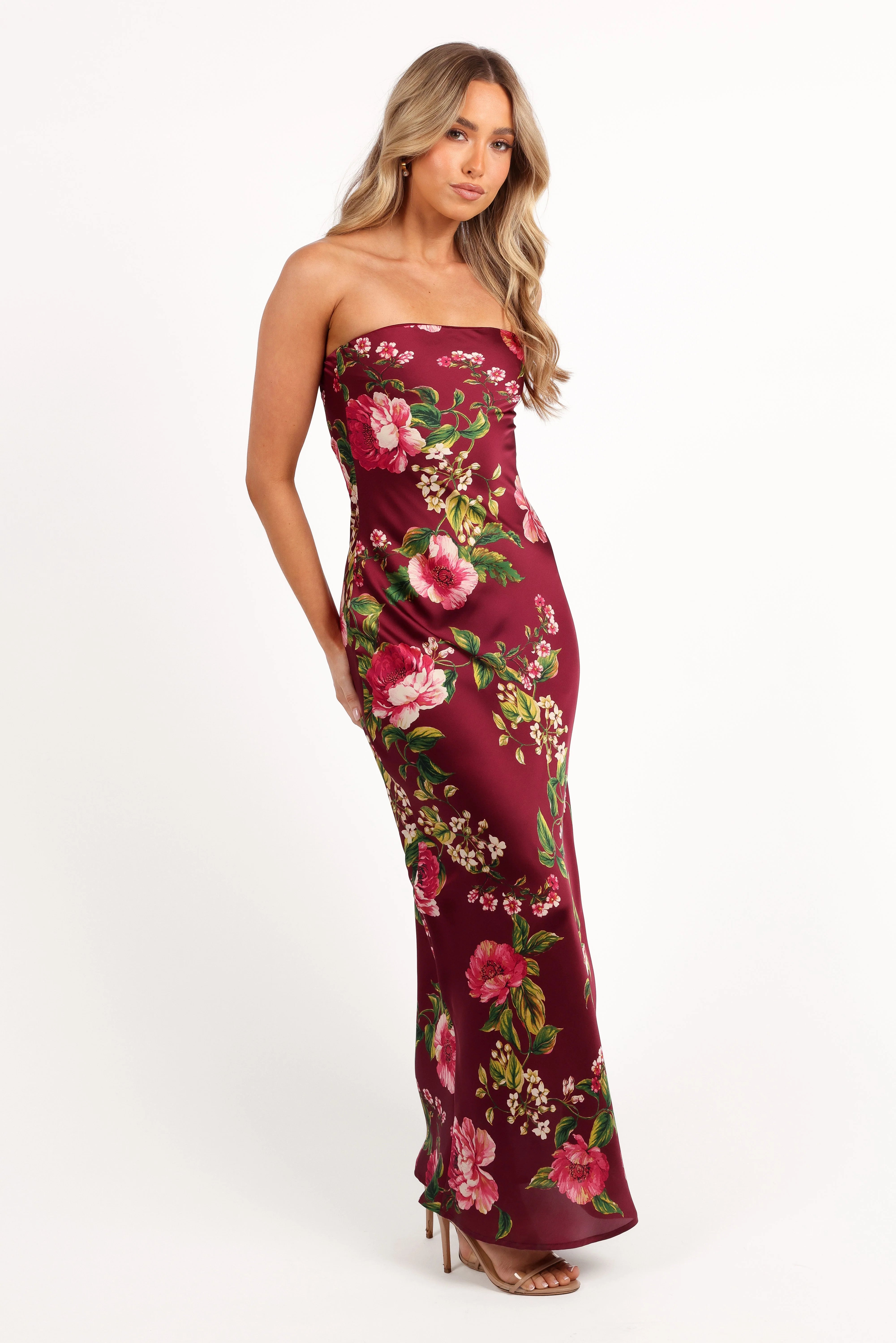 Bryden Maxi Strapless Dress Burgundy Floral