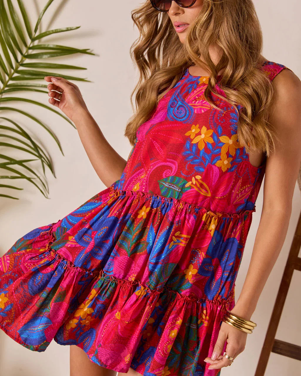 Beachside Blossom Abstract Tiered Mini Dress