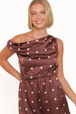 Cassidy One Shoulder Romper Brown Polka Dot