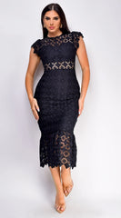 Phoebe Eyelet Lace Ruffle Midi Dress Black