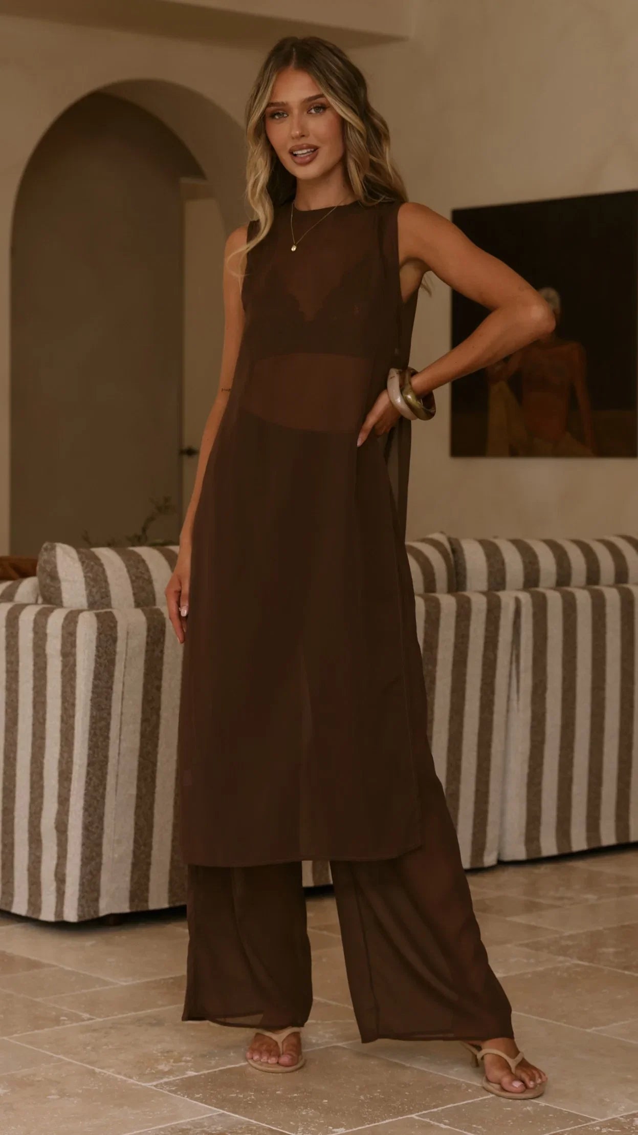Zaire Long Line Sheer Top and Pants Set Chocolate
