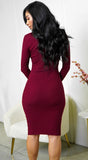 Cielo Mock Neck Long Sleeve Ribbed Mid Dress Burgundy