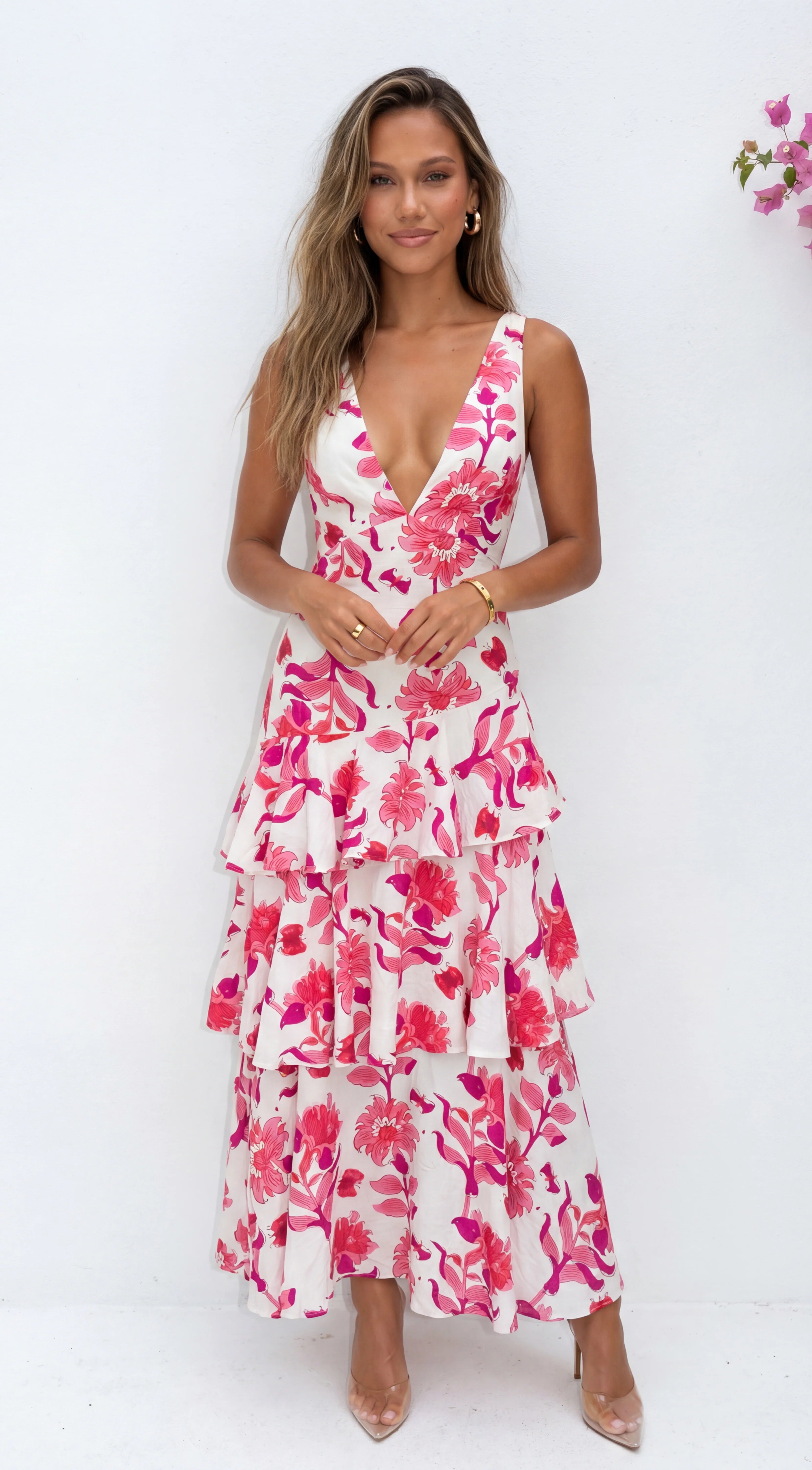 Azélie Floral Tiered Maxi Dress Pink Multi