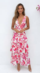 Azélie Floral Tiered Maxi Dress Pink Multi