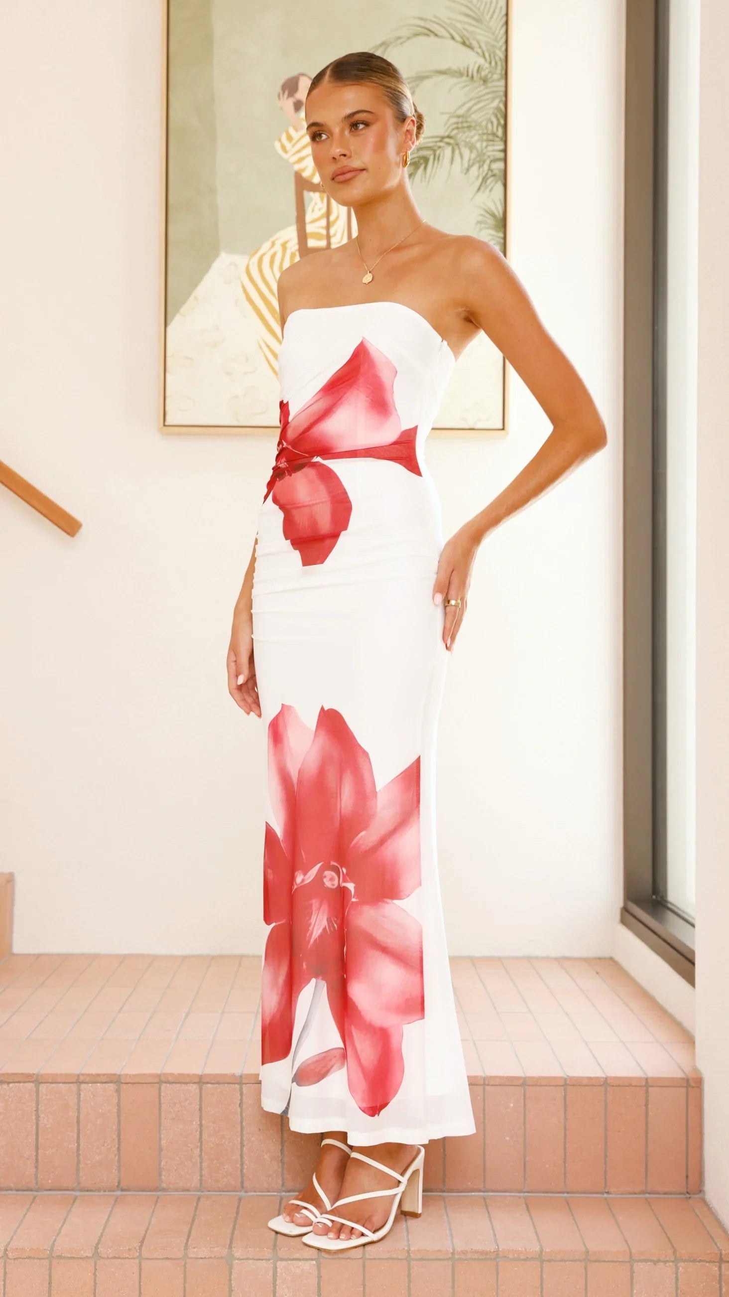 Brittani Strapless Maxi Dress White Red