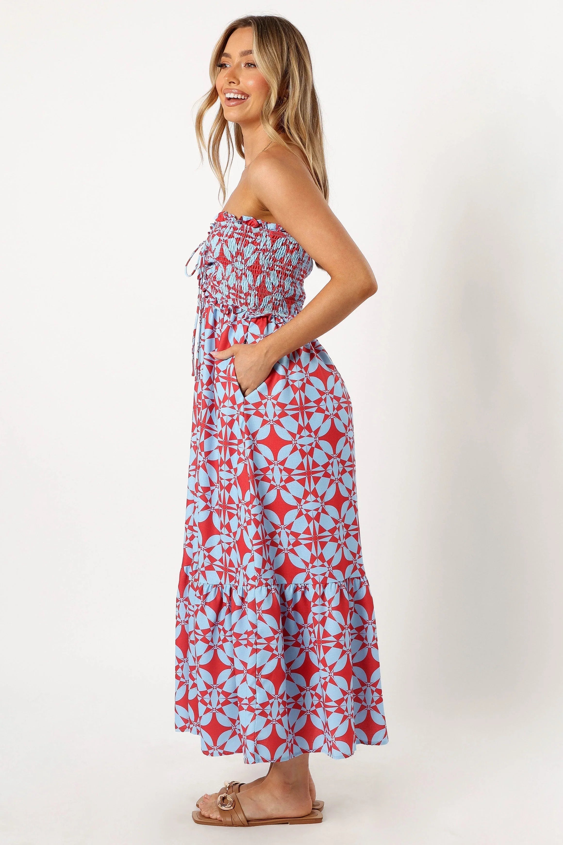Dayton Strapless Midi Dress Red Blue