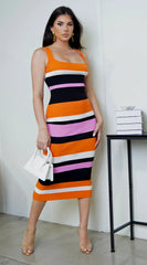 Mari Stripe Multi Color Midi Dress Orange