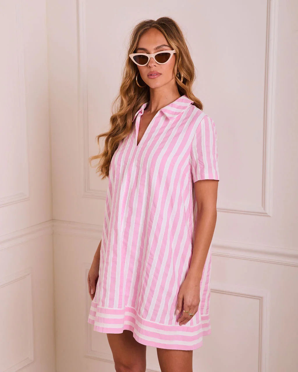 Sweet Line Striped Mini Shirt Dress