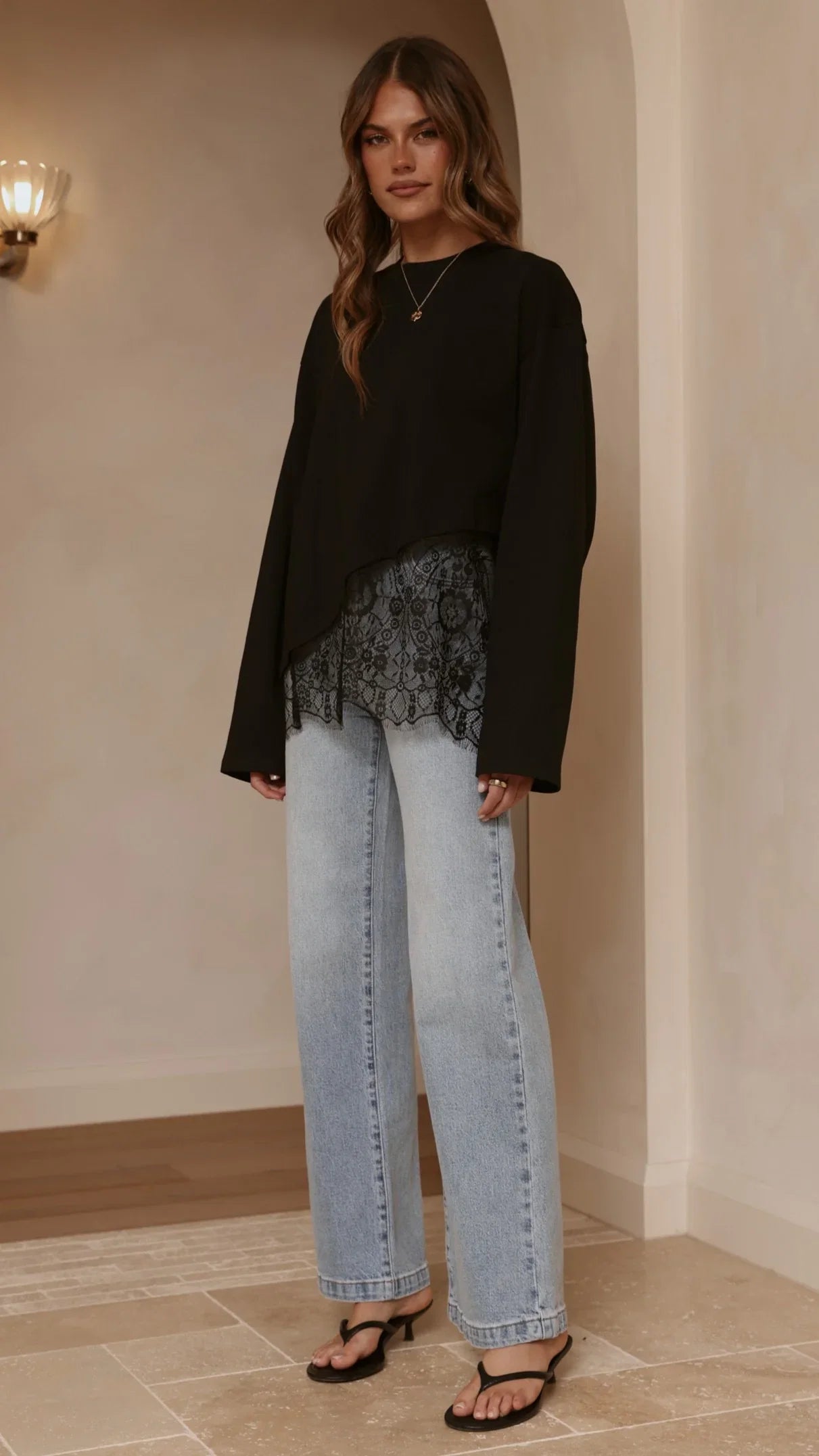 Javi Long Sleeve Lace Top Black