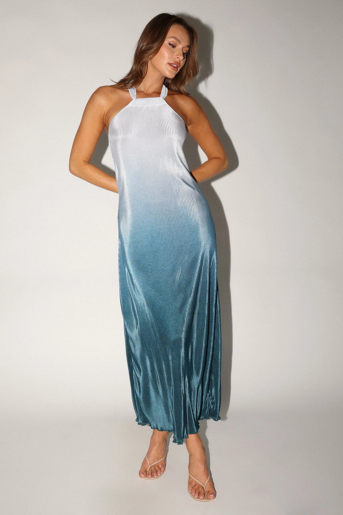 Melody Plisse Halter Maxi Dress Navy Gradient
