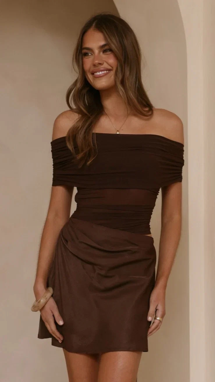 Daena Off Shoulder Mini Dress Chocolate
