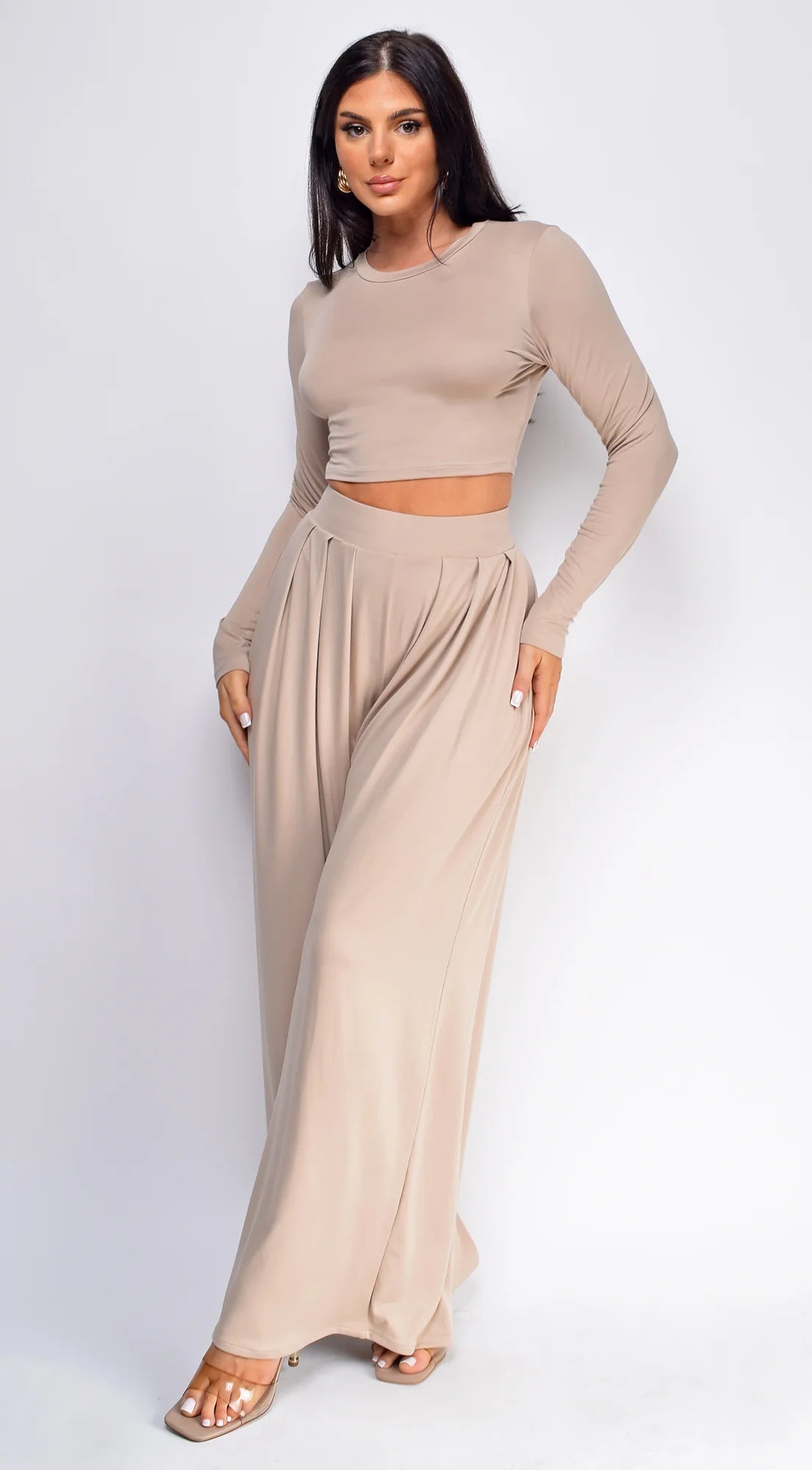 Riona Taupe Beige Wide Leg Pants Set