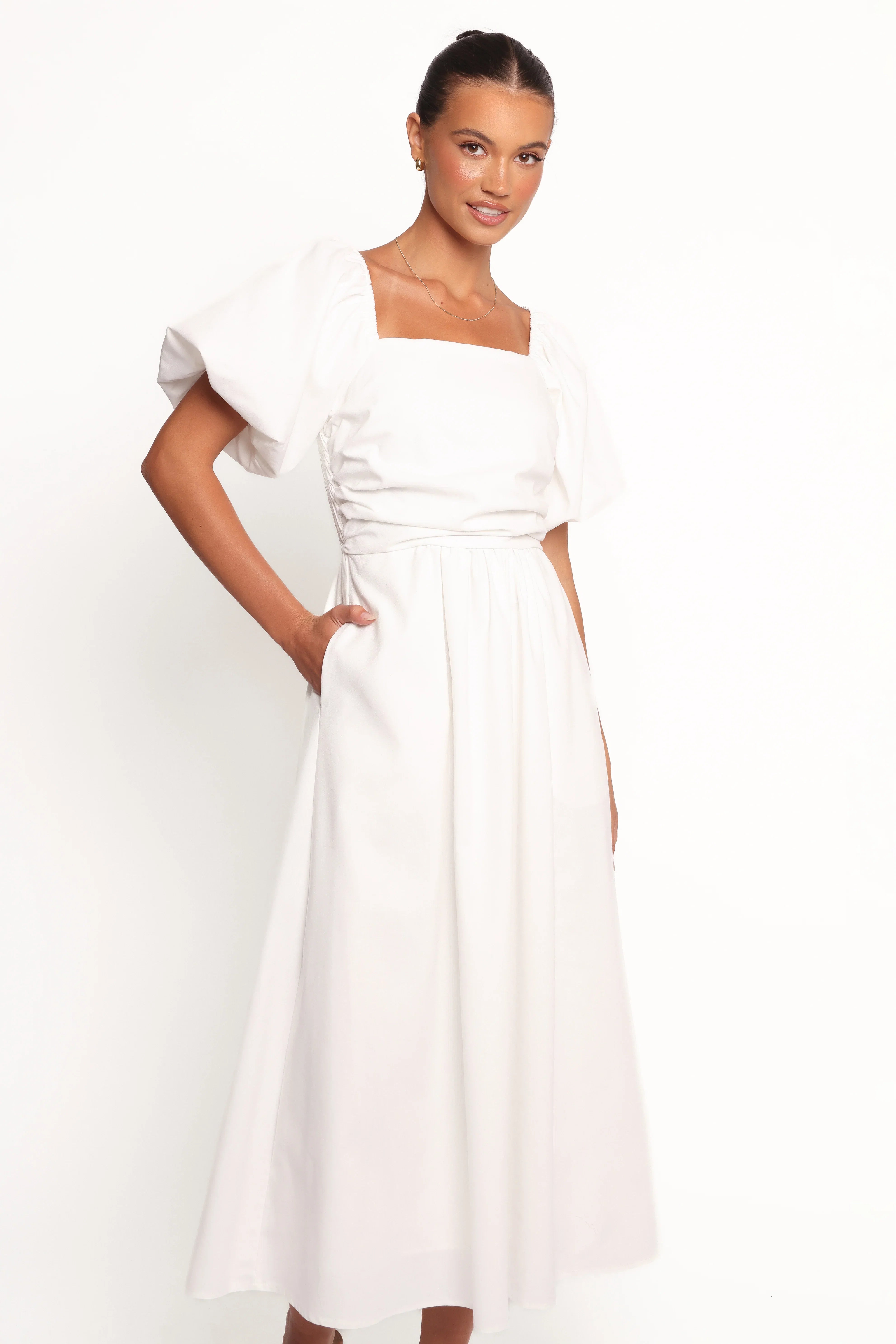 Clo Puff Sleeve Midi Dress White