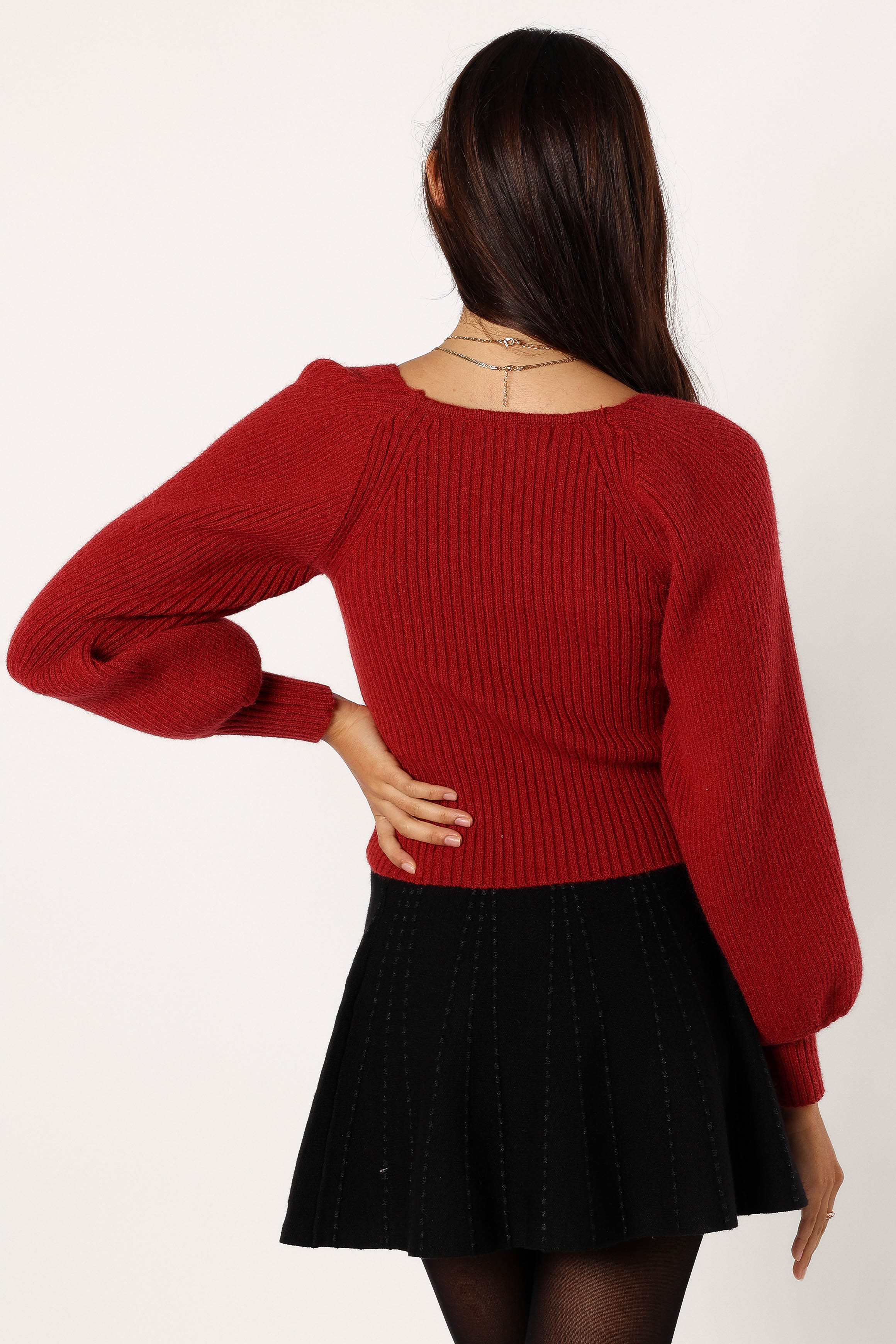 Gia Sweetheart Neck Bell Sleeve Knit Sweater Wine