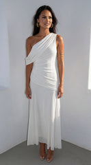 Athenya Draped One Shoulder Maxi Dress Cream White